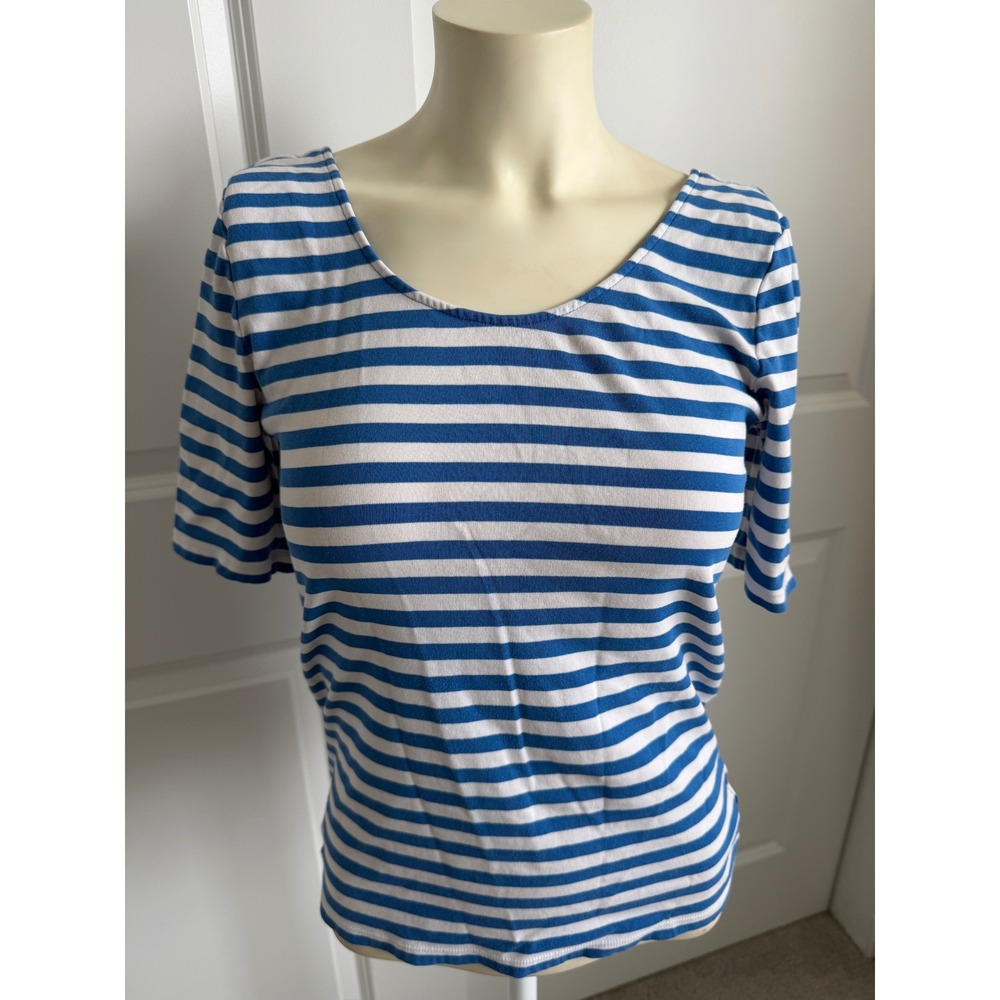 Lauren Ralph Lauren Blue White Striped Scoop Back Knit Top Short Sleeve Medium